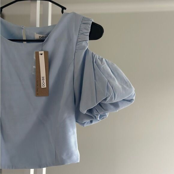 Blue cold shoulder crop top with puff sleeves - Picture 4 of 6